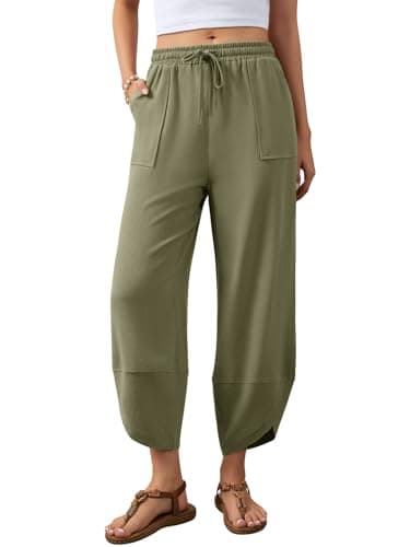 Jiflora Linen Pants for Women Wide Leg Barrel Baggy Palazzo Drawstring Linen Pants Lightweight Summer Green 01 XL - Image 1