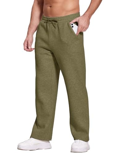 Deyeek Men's Fleece Sweatpants Open Bottom Gym Sweats Baggy Cotton Sweat Pants for Men Straight Leg Sweatpants with Pockets Green - Thumbnail 4