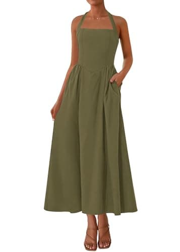 KIRUNDO Summer Dresses for Women 2026 Halter Maxi Wedding Guest Party Cocktail Semi Formal Elegant Classy Long Sundress(Army Green, Medium) - Image 1