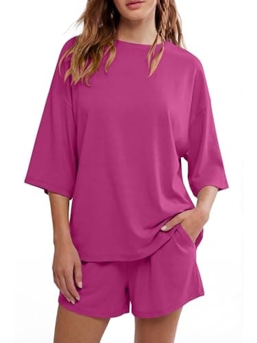 ANRABESS Womens Pajama Sets 3/4 Sleeve Oversized Tops and Elastic Waist Shorts Lounge Sets Loungewear Hot Pink Medium - Image 1
