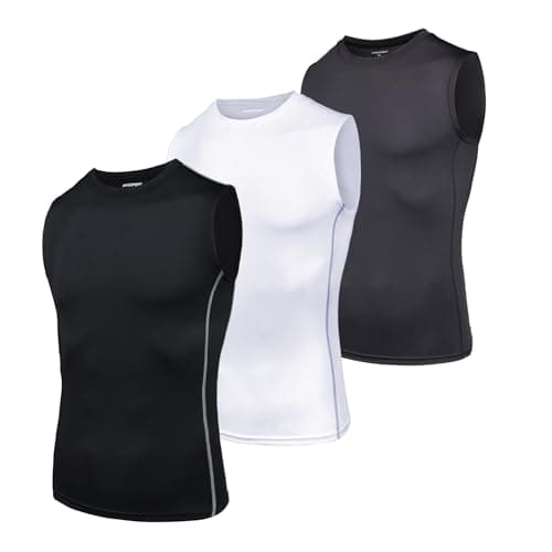 AMZSPORT Men's 3 Pack Compression Tank Top, Sleeveless Base Layer Workout Undershirt, Moisture Wicking Athletic Gym Vest, Black White Grey L - Image 1