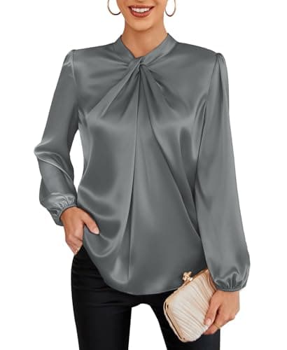 GRACE KARIN Women's Long Sleeve Shirts Mock Neck Casual Satin Blouse Tops for Business Office Work Dark Grey XL - Image 1