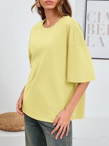 UNCLECAT Womens Oversized Short Sleeve T Shirts Summer Trendy Tops Casual Solid Crew Neck Loose Fit Basic Tees Yellow - Thumbnail 4