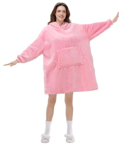 POP CLOSETS Wearable Blanket Hoodie Oversized Sherpa Fleece Sweatshirt Blanket Winter Blanket Hoodie for Adult Pink - Image 1