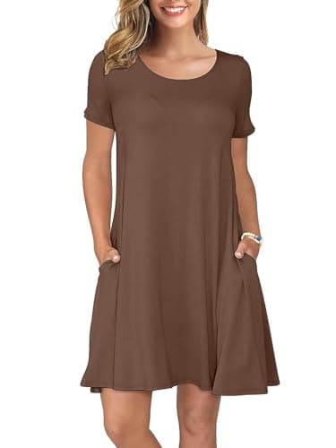 KORSIS Summer Dress for Women Casual T-Shirt Short Sleeve Dark Coffee 2XL Autumn Dresses Swing Flowy Beach Vacation Sundress with Pockets - Image 1