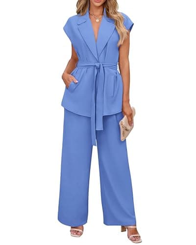 PRETTYGARDEN Women's Summer 2 Piece Outfits 2026 Cap Sleeve V Neck Blazer Vest Wide Leg Pant Sets Office Work Clothes(Sky Blue,X-Large) - Image 1