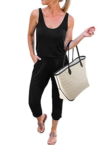 KIRUNDO Women 2026 Summer Jumpsuits Casual Sleeveless Drawstring Elastic Waist Romper Vacation Cruise Airport Travel Outfits(Black, XX-Large) - Image 1