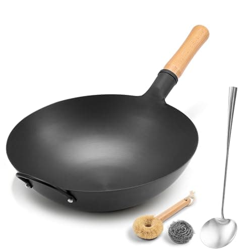 WANGYUANJI 14.2" Carbon Steel Wok Round Bottom (Gas Stove Only Requires Separate Wok Ring for Flat Grates) Heavy Duty Nitriding Iron Stir Fry Pan (Spatula & Brush Included - Lid & Ring NOT Included) - Image 1