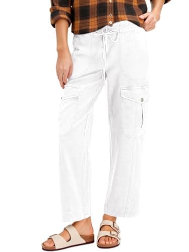 Cicy Bell Womens Cotton Cargo Pants Low Rise Drawstring Waist Wide Leg Casual Hiking Pants with Multiple Pockets White - Image 1