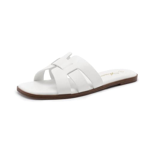 Athlefit Flat Sandals for Women Dressy Summer Square Open Toe White Sandals Comfortable Slip On Leather Slides Size 6.5 - Image 1