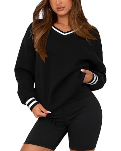 PRETTYGARDEN Women's Oversized Sweatshirts Casual Long Sleeve Stripes Knit V Neck Pullover Top Spring Preppy Clothes(Black,XX-Large) - Image 1
