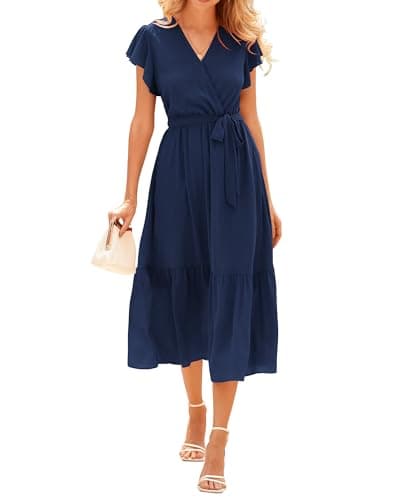 BTFBM Women Summer Bohemian Floral Casual Wrap V Neck Ruffle Cap Sleeveless Belt A-Line Pleated Hem Midi Sun Dress(Solid Navy,Medium) - Image 1