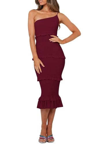 PRETTYGARDEN Women's Summer Midi Bodycon Dresses One Shoulder Strappy Tiered Ruffle Floral Boho Sun Dress (Solid Wine Red,X-Large) - Image 1