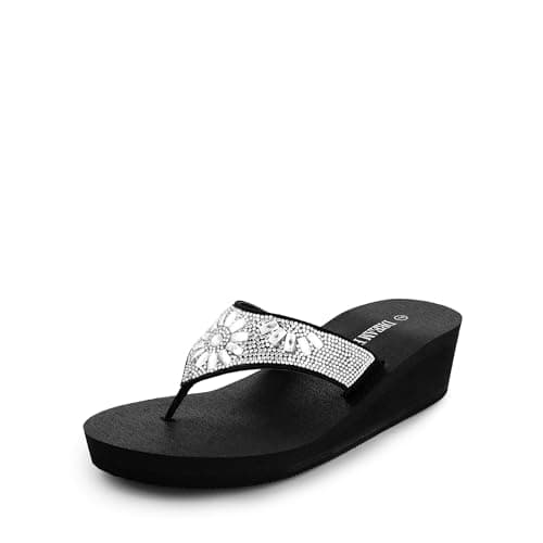 DREAM PAIRS Women's Rhinestone Platform Wedge Flip Flops Summer Beach Comfortable Thong Sandals,Size 10,Flower,SDFF2401W - Image 1