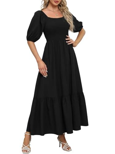 Lyrur Dresses with Pockets Square Neck Puff Sleeve Smocked Dress Summer Casual Boho Ruffle Long Maxi Sundress(M,7017-Black) - Image 1