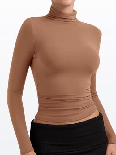 PINKMSTYLE Womens Backless Long Sleeve Turtleneck Top Double Lined Ruched Cute Going Out Tops Y2K Outfits 2025 Coffee Small - Thumbnail 3