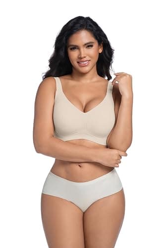 Bras for Women No Underwire Adjustable Bra Comfort Wireless Full Coverage Support Ribbed Push Up Senior Bra 2025 Khaki 2XL - Thumbnail 3