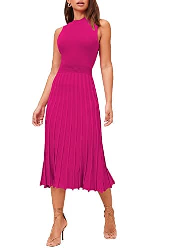 Pink Queen Summer Bodycon Dress For Women Crew Neck Sleeveless Vacation Pleated Knit Midi Dresses Rose Red M - Image 1