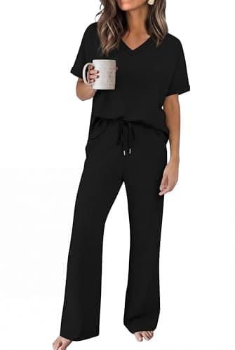 Sampeel Two Piece Sets for Women Summer Causal Petite V Neck Short Sleeve Tops Wide Leg Pants Matching Sets Travel Airport Business Casual Outfits Beach Vacation Fashion Clothing Black S - Image 1