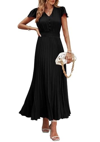 PRETTYGARDEN Women's Summer Maxi Dresses 2026 Trendy Casual Button V Neck Ruffle Cap Sleeve Long Flowy Spring Pleated Dress (Black,Small) - Image 1