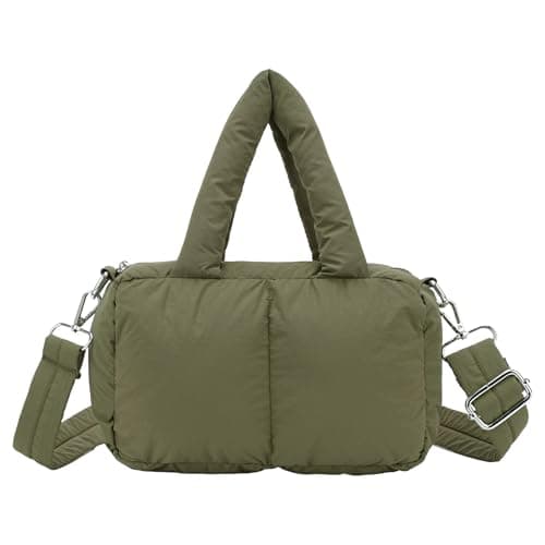 JHhomezeit Small Puffer Bag for Women, Crossbody Puffer Tote Bag Quilted Puffy Bags Satchel Shoulder Purse Fluffy Handbag Army Green - Image 1