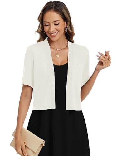 Heymoments Women's Thin Shrugs for Dresses White X-Large Open Front Short Sleeve Lightweight Coat Cropped Tops Shawls and Wraps Cardigan Dressy Clothes - Thumbnail 3