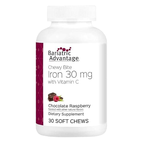 Bariatric Advantage Iron 30 mg Chewy Bite with Vitamin C - for Bariatric Patients - Sugar-Free - Chocolate Raspberry - 30 Count