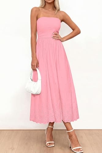 PRETTYGARDEN Womens Summer Dresses 2026 Sexy Sleeveless Tube Top Long Dress Eyelet Cotton Maxi Beach Sundress Pockets(Pink,Large) - Thumbnail 6