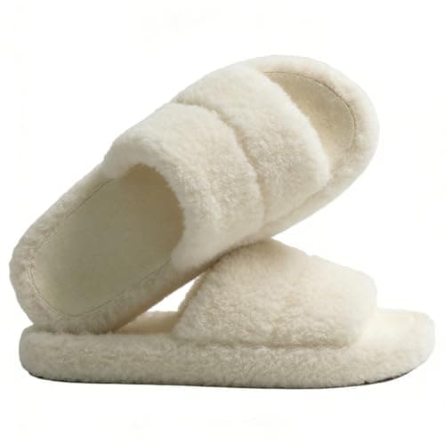 PXPUIQ House Slippers for Women - Fuzzy Slippers with Plush Faux Fur Lining, Memory Foam Cushioned Insole, Open-Toe Design, Slip-Resistant Sole, Washable, Pull-On Closure, Faux Fur Upper, Flat Heel - Image 1