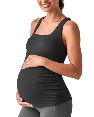G4Free Maternity Workout Tops Sleeveless Soft Pregnancy Summer Clothes Side Pleats Removable Bra Yoga Casual Lounge Cami Tanks(Black,XL) - Image 1