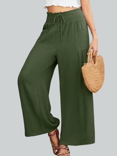 JUYUEO Womens Linen Summer Wide Leg Palazzo Pants High Waist Casual Loung Pant Beach Travel Vacation Harem Pants with Pockets Army Green - Thumbnail 2