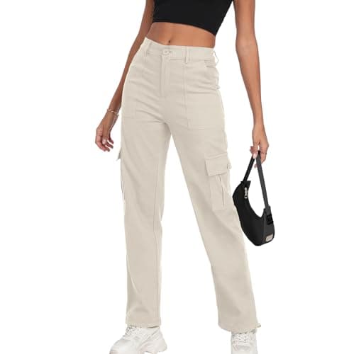 FREEOAK High-Waist Stretch Cargo Pants for Women Y2K Baggy Style with Zipper Pockets Straight Leg Trousers for Casual Wear Size Medium - Image 1