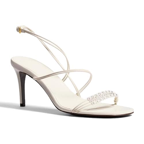 QIV White Strappy Heels for Women Open Toe Beaded Pearl High Heels Round Toe Ankle Strap Stiletto Heeled Sandals Size 11 - Image 1