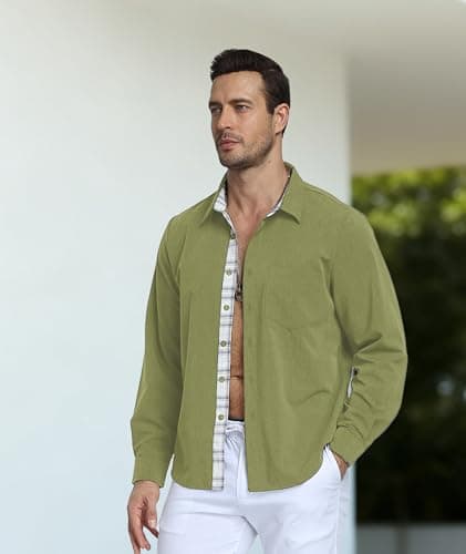 YTD Long Sleeve Button Down Shirt for Men, Untucked Regular Fit Dress Shirt - Thumbnail 5