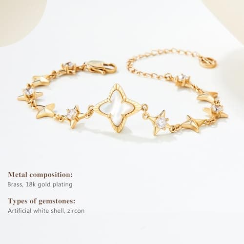 Cicy Bell Womens Bracelets 18k Gold Plated White Shell Cubic Zirconia Square Cross Adjustable Chain Link Bracelets 6.69" with 2" Extender - Thumbnail 6