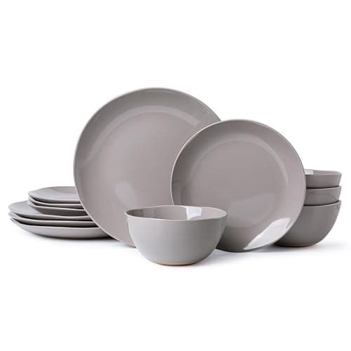 ALOFMO Dinnerware Sets for 4, 12 Pieces Stoneware Plates and Bowls Sets, Dishwasher&Microwave Safe,Modern Minimalist Tableware for Everyday Use, Grey - Image 1