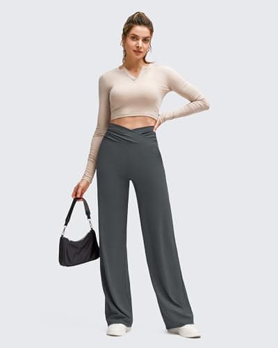 G4Free Wide Leg Yoga Pants for Women Cross Waisted Loose Fit Stretchy Work Comfy Casual Trousers with Pockets(Dark Gray,XS,29") - Thumbnail 3