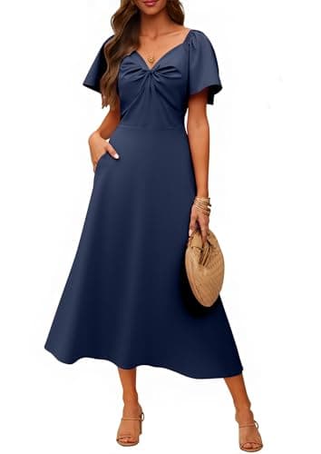 ECOWISH Womens Summer Maxi Dresses: 2026 Casual Flutter Short Sleeve Twist Front Long Flowy Wedding Guest Dress with Pockets 482Navy Blue S - Image 1