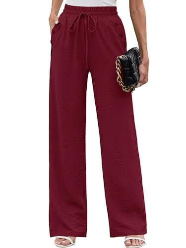 Heymoments Women Wide Leg Pants Burgundy XX-Large High Waist Loose Casual Pants Adjustable Tie Knot Belted Long Straight Trousers with Pockets - Image 1