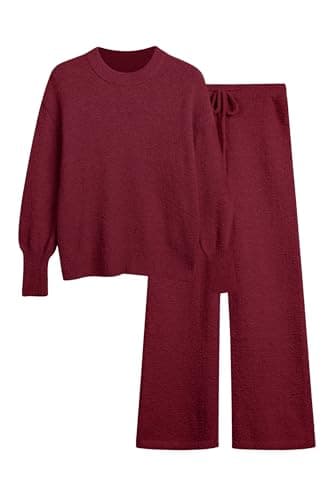 GKBK Women's 2 Piece Fuzzy Fleece Pajama Set Long Sleeve Crew Neck Top Fluffy Pajama Pants Loungewear Wine Red XXL - Image 1