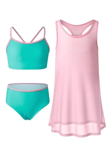 blibean Tween Girls Swimsuit Teen 3 Piece Bathing Suit with Cover Up Little Kids Cute Bikini Set Mesh Tankini Top Summer Boho Hawaiian Swimwear Beach Traje Baño Niñas Size 6-7 Year Old Turquoise - Image 1