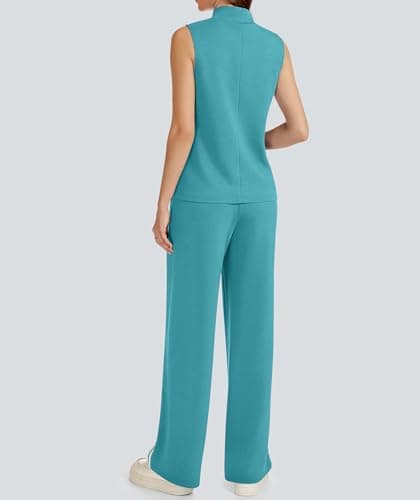 Casly Lamiit Lounge Sets for Women 2 Piece Casual Travel Outfits Matching Active Airport Sweatsuit Mock Neck Tops Wide Leg Track Pants Viridian Green L - Thumbnail 5