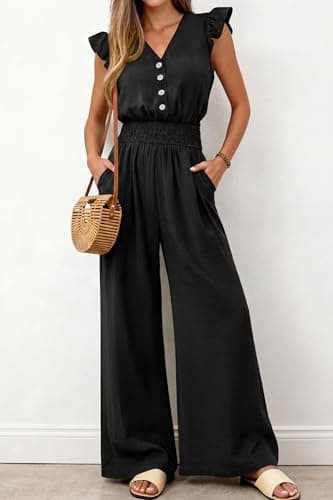 dowerme Women's Jumpsuits Dressy Casual 2026 Summer Ruffle Cap Sleeve V Neck Button Smocked Rompers Wide Leg Overalls(Black,XX-Large) - Thumbnail 4