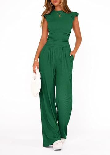 KIRUNDO Two Piece Sets For Women Summer 2026 Casual Cap Sleeve Crop Tops Wide Leg Pants Matching Set Travel Vacation Outfits(Green, Small) - Thumbnail 3
