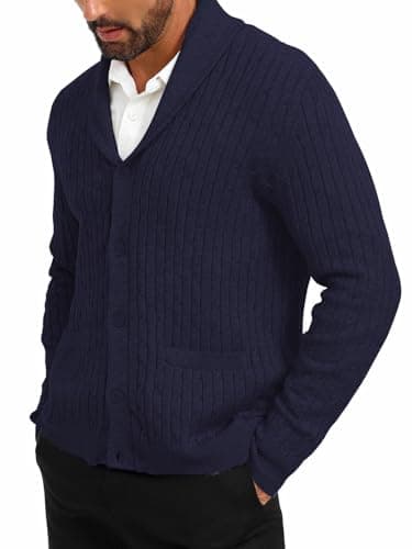 ALLOVIN Mens Cable Knit Cardigan Sweater Shawl Collar Long Sleeve Button Down with Pockets Casual Business Wear Fall Winter | Dark Blue | XX-Large - Thumbnail 3