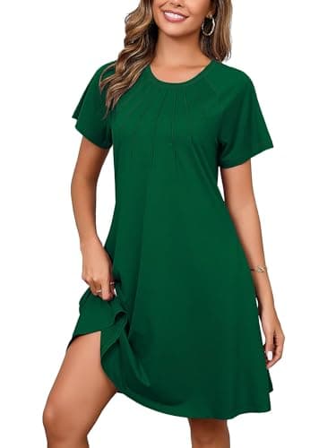 Heymoments Women Short Sleeve Dress Green Medium Crew Neck Casual Flowy Cute Below Knee Sundress Comfy Shirt Teachers Summer Travel 2025 Novelty Dresses with Pockets - Image 1