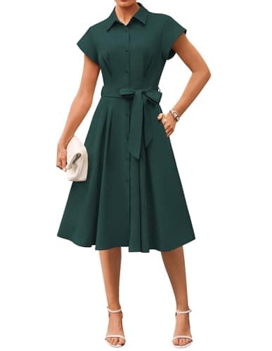 GRACE KARIN Womens Short Sleeve Shirt Dresses 2026 Summer Midi Button Down Dress Work Business Casual Dress with Pockets Dark Geen S - Image 1
