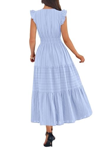 BTFBM Womens Summer Maxi Dress 2026 Spring Boho Vacation Ruffle Flutter Short Sleeve A Line Tiered Flowy Dresses Pockets(Light Blue, X-Large) - Thumbnail 3