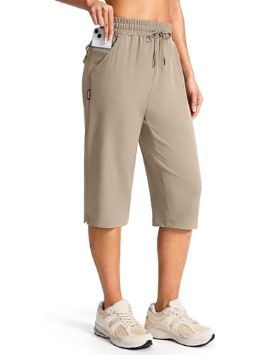 G Gradual Women's 15" Long Hiking Shorts with Zipper Pocket Below The Knee Capris Lightweight Bermuda Shorts for Women(Khaki, S) - Image 1