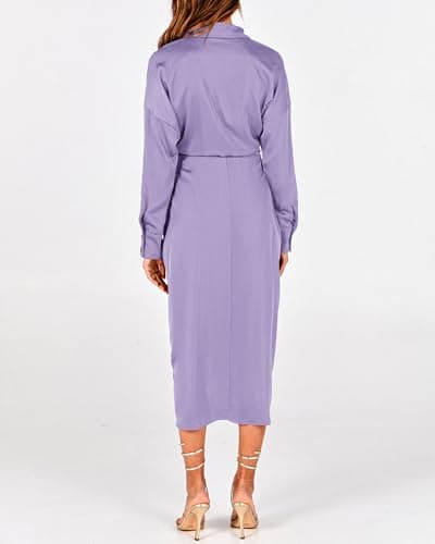 BTFBM Summer Dresses for Women 2026 Long Sleeve V Neck Button Down Elegant Belted Ruched Satin Silk Shirt Spring Dress(Purple, Medium) - Thumbnail 6